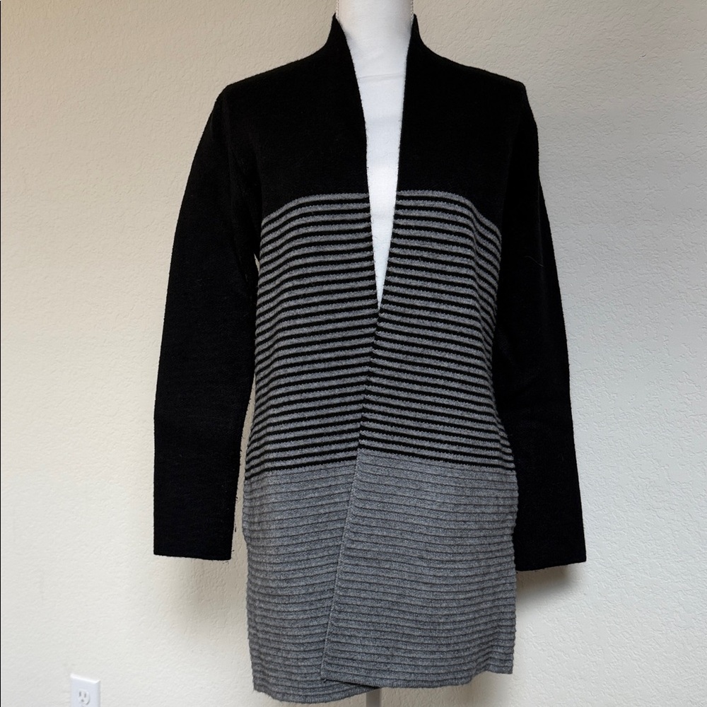 Elle Black and Gray Striped Open-Front Cardigan